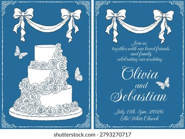 Elegant wedding invitation card featuring luxurious ribbon bows, ornate lambeth wedding cake adorned with roses, delicate butterflies, and vintage decorative frames. Designed in sophisticated blue  palettes with timeless typography, these romantic stationery templates are perfect for wedding invitations, bridal celebrations, engagement announcements, greeting cards, and elegant event stationery.
