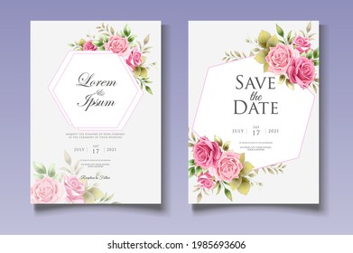 Elegant wedding invitation card with floral and leaves ornaments