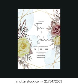 elegant wedding invitation card with flowers and leaves template