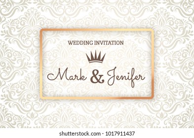 Elegant wedding invitation card with golden frame on silver damask background