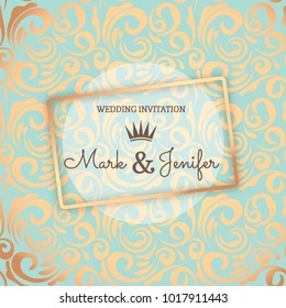 Elegant wedding invitation card with golden frame on elegant  turquoise vignette background