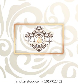 Elegant wedding invitation card with golden frame on silver vignette background