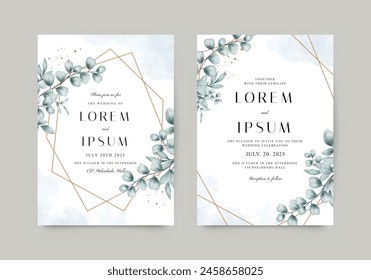 Elegant wedding invitation card with golden geometric decoration and green leaves