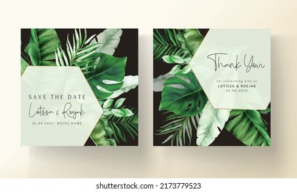Elegant wedding invitation card with green tropical watercolor