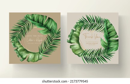 Elegant wedding invitation card with green tropical watercolor