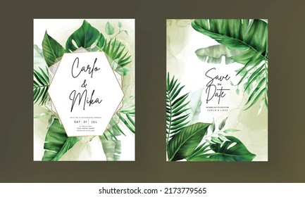 Elegant wedding invitation card with green tropical watercolor