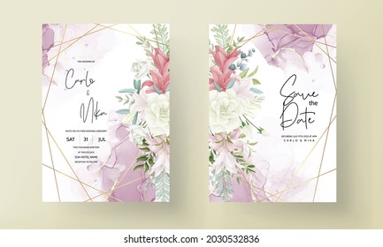 elegant wedding invitation card with hand drawing soft flower and leaves