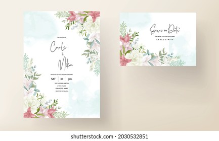 elegant wedding invitation card with hand drawing soft flower and leaves