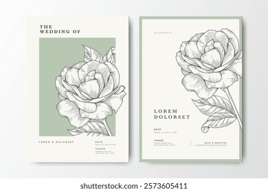 elegant wedding invitation card with hand drawn roses flower and greenery background
