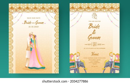 Elegant Wedding Invitation Card With Indian Bridegroom In Front And Back Side.