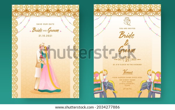 Elegant Wedding Invitation Card With Indian\
Bridegroom In Front And Back\
Side.