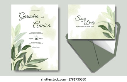 Elegant wedding invitation card with leaves template Premium Vector