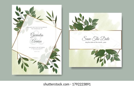 Elegant wedding invitation card with leaves template Premium Vector	
