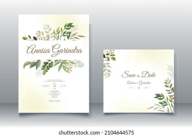 Elegant wedding invitation card with leaves template Premium Vector	
