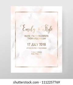 Elegant wedding invitation card with pink watercolor texture and gold rectangle frame.