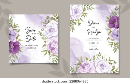 Elegant wedding invitation card with purple flowers