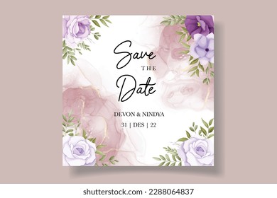 Elegant wedding invitation card with purple flowers
