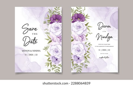 Elegant wedding invitation card with purple flowers