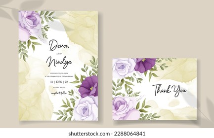 Elegant wedding invitation card with purple flowers