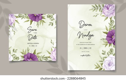 Elegant wedding invitation card with purple flowers