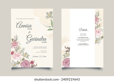 Elegant wedding invitation card with purple floral and leaves template Premium Vector
