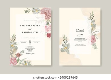 Elegant wedding invitation card with purple floral and leaves template Premium Vector