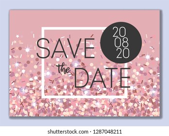 Elegant wedding invitation card. Save the date card with rose glitter. 