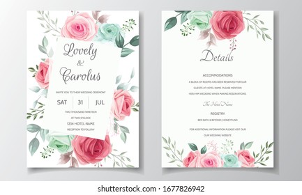 Elegant wedding invitation card set template with beautiful floral and leaves