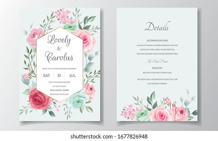 Elegant wedding invitation card set template with beautiful floral and leaves