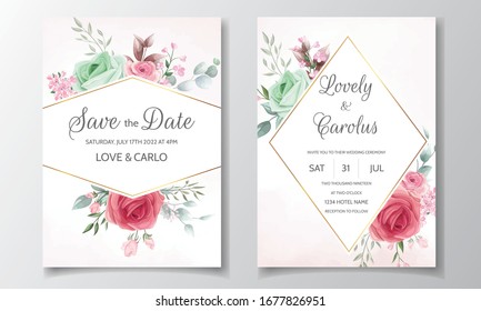 Elegant wedding invitation card set template with beautiful floral and leaves