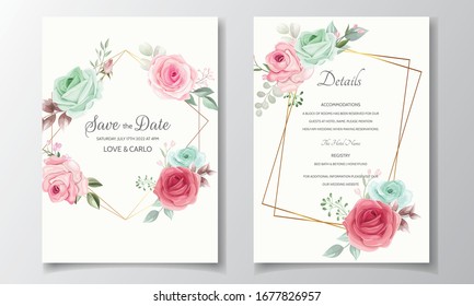 Elegant wedding invitation card set template with beautiful floral and leaves