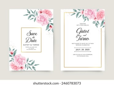 Elegant wedding invitation card set with rose and leaf watercolor decoration