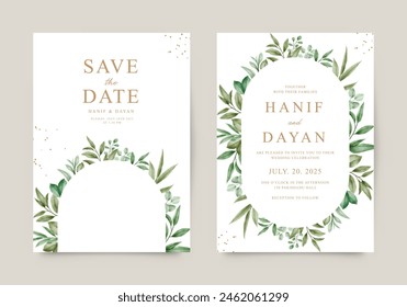 Elegant wedding invitation card set with watercolor leaves