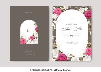 Tarjeta elegante de la invitación de la boda fijada con diseño hermoso de las flores de las rosas