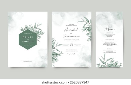 Elegant wedding invitation card set arranged with natural leaves decoration