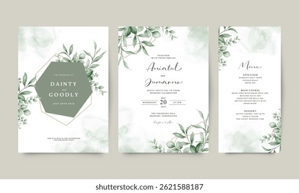 Elegant wedding invitation card set with geometric frame arranged with green plants