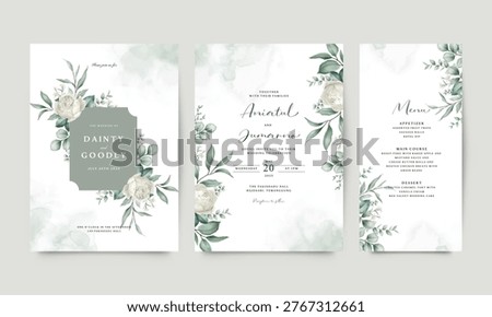 Elegant wedding invitation card set with beautiful watercolor flowers and leaves