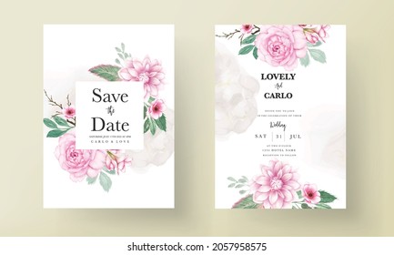 tarjeta de invitación de boda elegante con ornamento floral color agua rosa suave