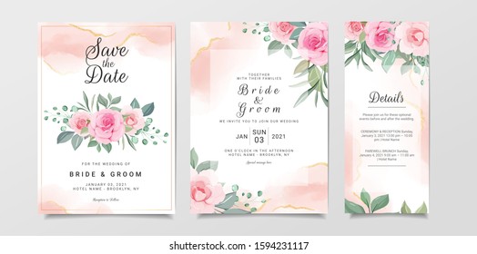 Elegant wedding invitation card template set with watercolor flowers arrangements. Botanic and leaves illustration for background, save the date, invitation, greeting card vector