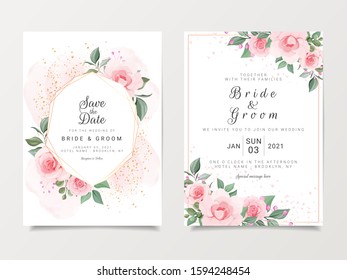 Elegant wedding invitation card template set with gold floral frame and watercolor, glitter. Botanic roses and leaves illustration for background, save the date, invitation, greeting card vector