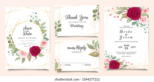 Elegant wedding invitation card template set with burgundy and peach rose flowers. Cards with floral, gold line, and glitter for save the date, invitation, greeting card vector