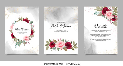 Elegant wedding invitation card template set with floral frame and fluid background. Roses and leaves botanic illustration for background, save the date, invitation, greeting card, poster vector