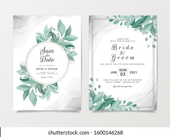 Elegant wedding invitation card template set with floral frame and silver fluid background.  