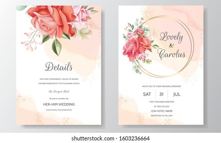 Elegant wedding invitation card template set with floral decoration and gold glitter