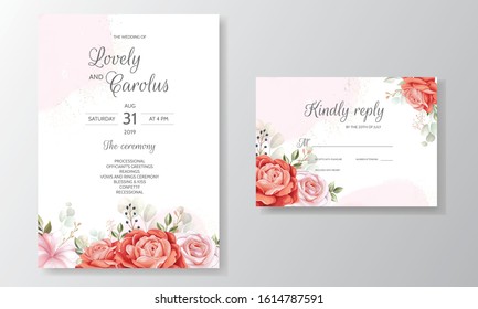 Elegant wedding invitation card template set with floral decoration