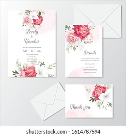 Elegant wedding invitation card template set with floral decoration