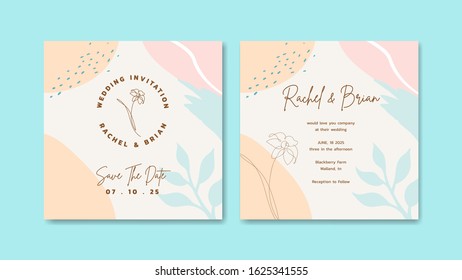 	
Elegant wedding invitation card template with abstract brush stroke and shapes water color