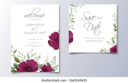 Elegant wedding invitation card template set with beautiful floral and leaves