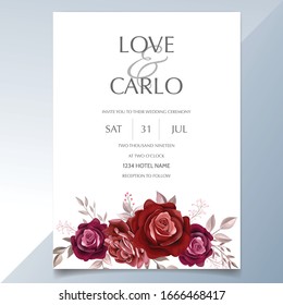 Elegant wedding invitation card template set with beautiful floral and leaves