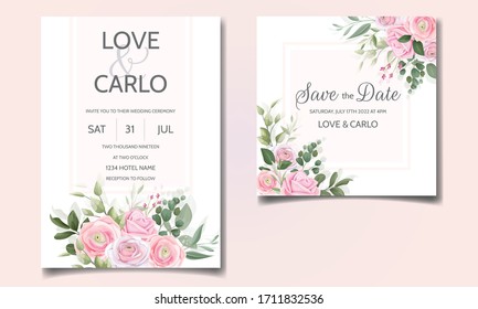 Elegant wedding invitation card template set with beautiful pink roses and green leaves
